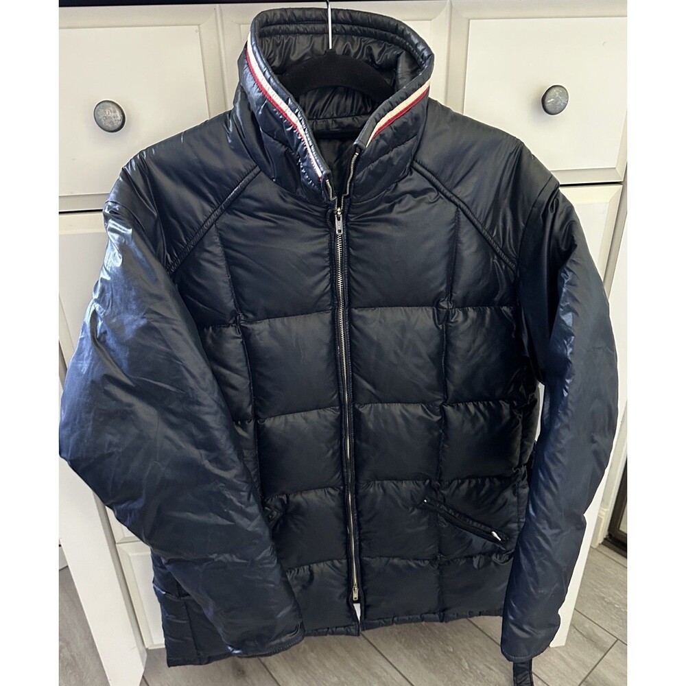 Vintage 70s Roffe Down Puffer Ski Jacket Mens Medium Black Shiny Belted Parka